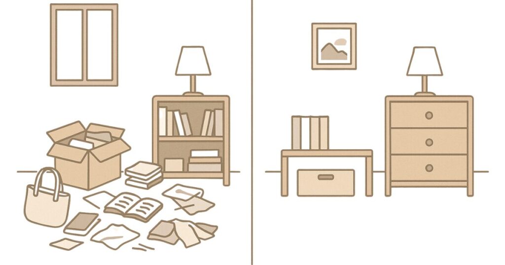 「散らかった部屋」と「スッキリ整った部屋」の対比イラスト。
片方は物が溢れ、もう片方は必要なものだけが整然と並んでいる。