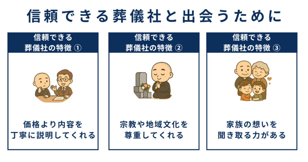 信頼できる葬儀社と出会うために信頼できる葬儀社の特徴を説明