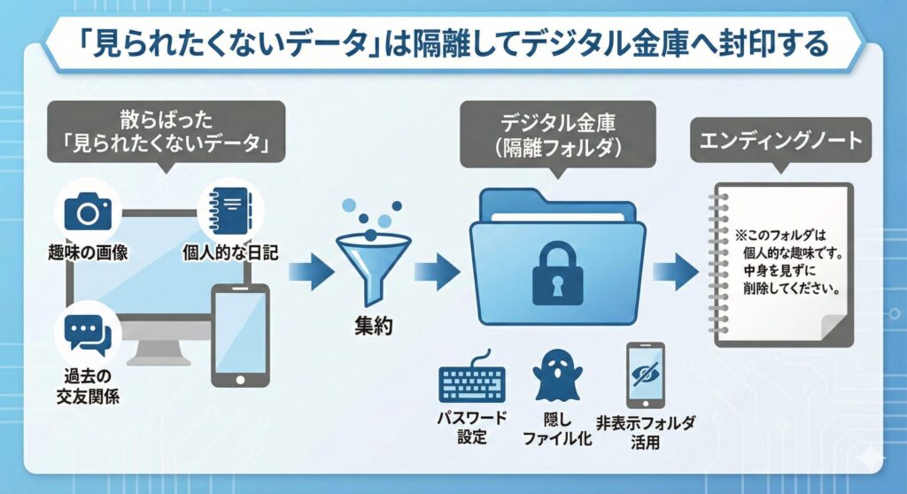 フォルダ階層の図解。一般的な「ドキュメント」フォルダの奥深くに、一見するとシステムファイルのように偽装されたフォルダがある様子。「ネスト（入れ子）構造」にして発見されにくくするテクニックや、鍵付きUSBメモリの写真を配置