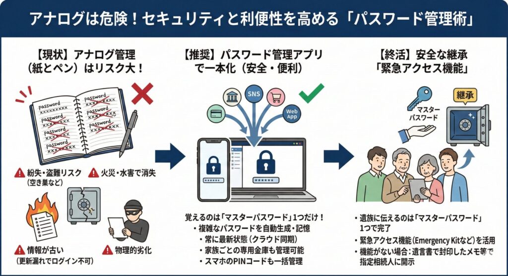紙でのアナログ管理は紛失・盗難リスクが高いが、パスワード管理アプリで一元化すればマスターパスワード1つで安全・便利になる。さらに、その鍵を家族に託すことで将来の継承も確実になることを示した3段階の図解。