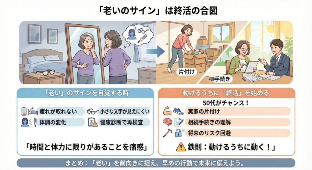 画像：鏡の前で自分の顔や体型を見つめる50代女性のイラスト。少しの不安と、これから自分を大切にしようという決意が入り混じった表情