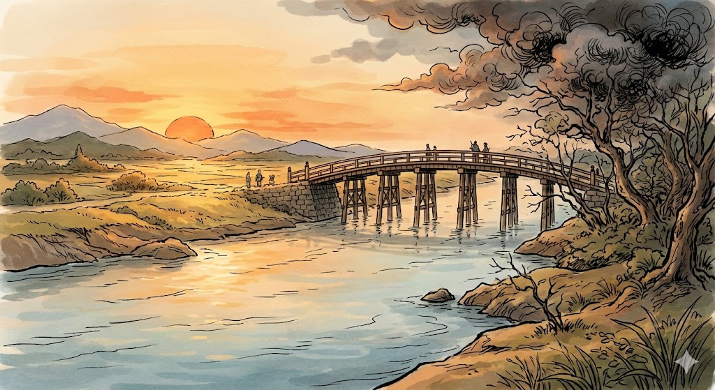 【画像：彼岸（悟りの世界）と此岸（迷いの世界）の間を川が流れ、橋がかかっているイラスト。彼岸側に夕日が沈んでいるイメージ】