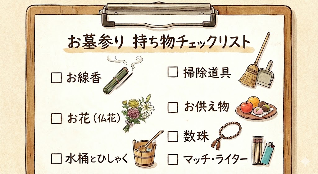 【画像：お墓参りセット（お線香、ロウソク、お花、水桶、掃除道具、お供え物）のイラスト。チェックリスト風のデザイン】