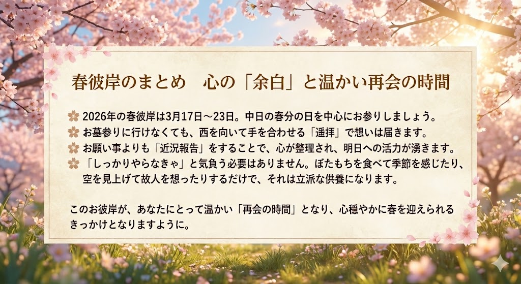 【画像：まとめの箇条書きリスト。背景には春の桜や暖かな日差しのイメージ画像】