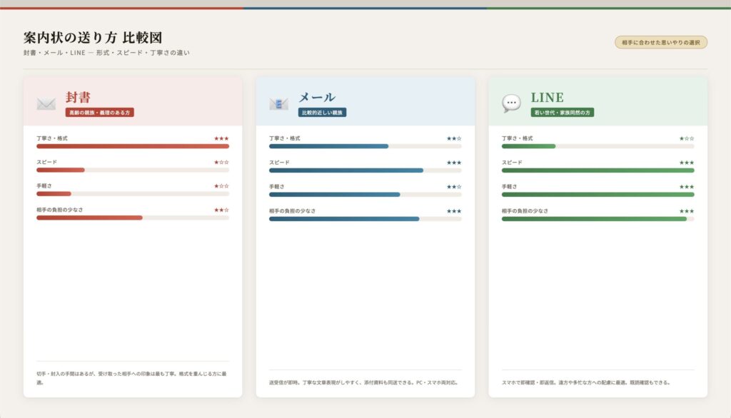 封書・メール・LINEの比較表イメージ：形式・スピード・丁寧さの違い