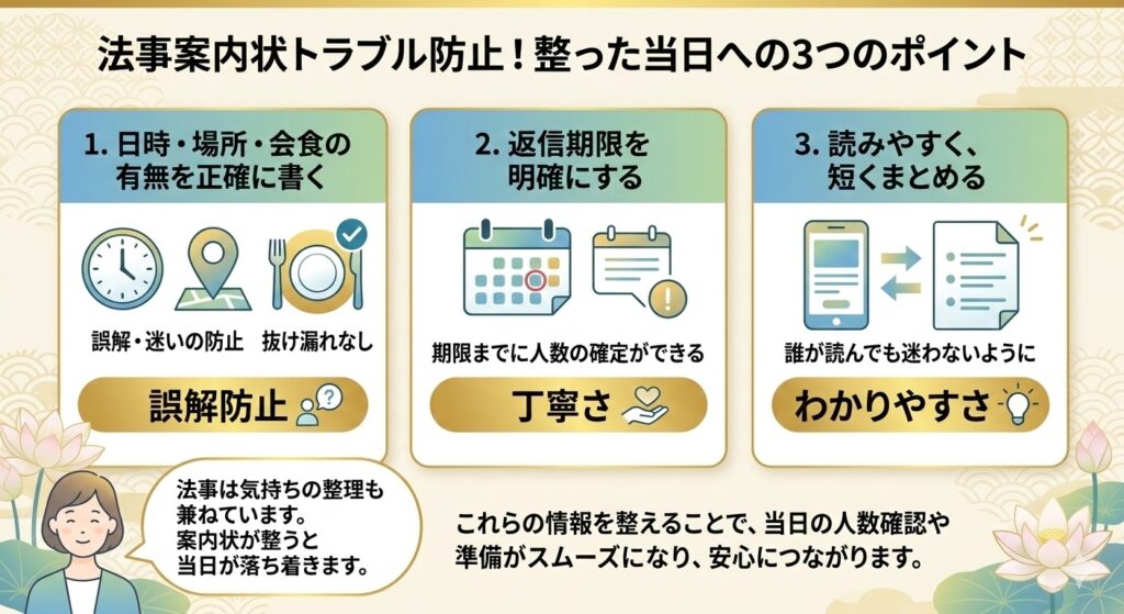 3つの柱を示すアイコン図：誤解防止・丁寧さ・わかりやすさ」を入れる説明