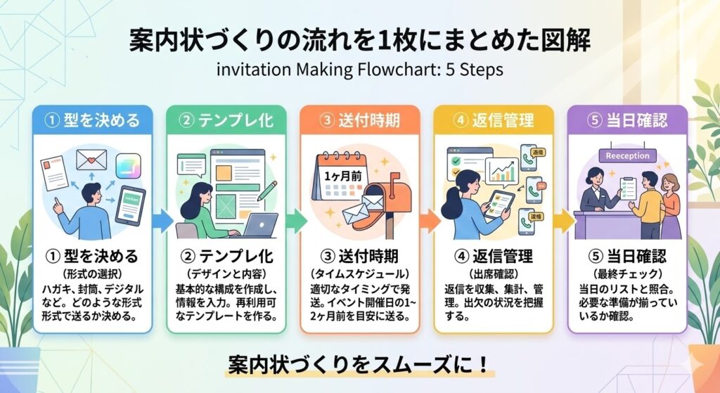 「案内状づくりの流れを1枚にまとめた図解イメージ：①型を決める②テンプレ化③送付時期④返信管理⑤当日確認」を入れる説明