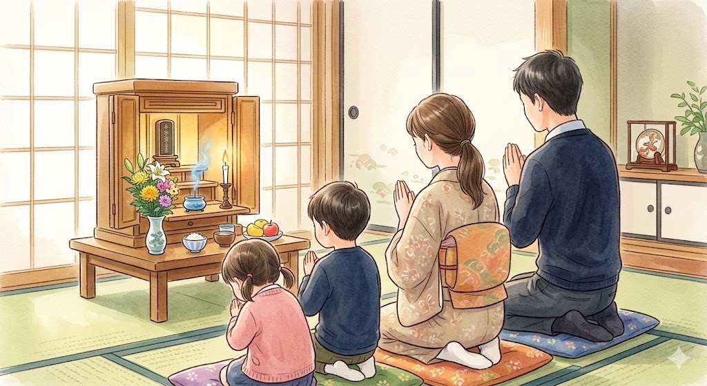 仏前に座る家族の後ろ姿